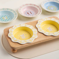 【Petdebby】Piano Bunny Flying Saucer Double Bowl Set with Oak Wood Stand