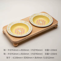 【Petdebby】Piano Bunny Flying Saucer Double Bowl Set with Oak Wood Stand
