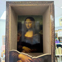 Vintage-style Mona Lisa oil painting frame cat scratcher & cat house