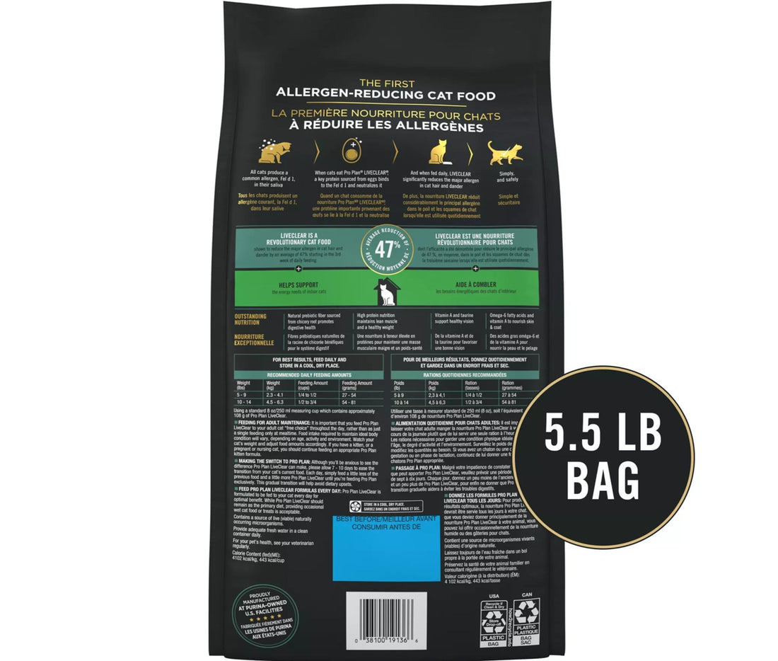 【Purina Pro Plan】LiveClear™ Allergen Reducing Food Indoor Formula - Adult Cat - Turkey & Rice - 5.5lb
