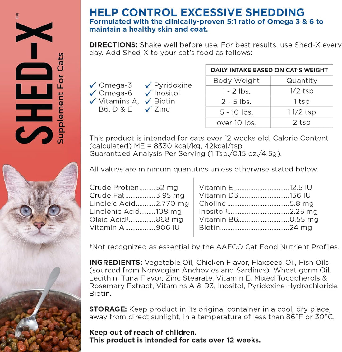 【Synergy Labs】Shed-X Dermaplex Liquid Daily Supplement for Cats - Eliminate Excessive Shedding 8oz