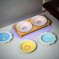 【Petdebby】Piano Bunny Flying Saucer Double Bowl Set with Oak Wood Stand