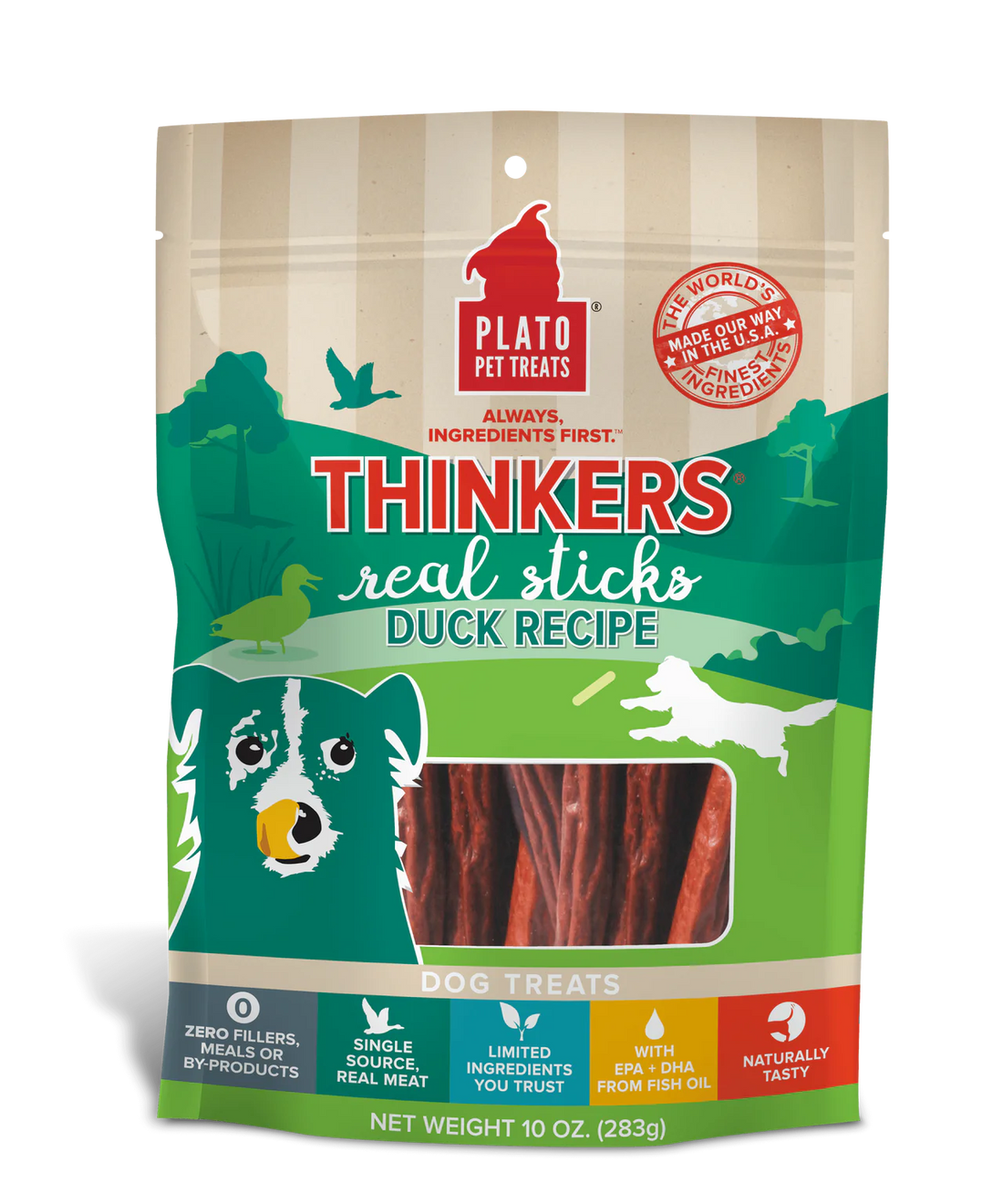 【Plato Pet Treats】Dog Treats - Thinkers Real Strips- Duck Recipe 10 oz & 18 oz