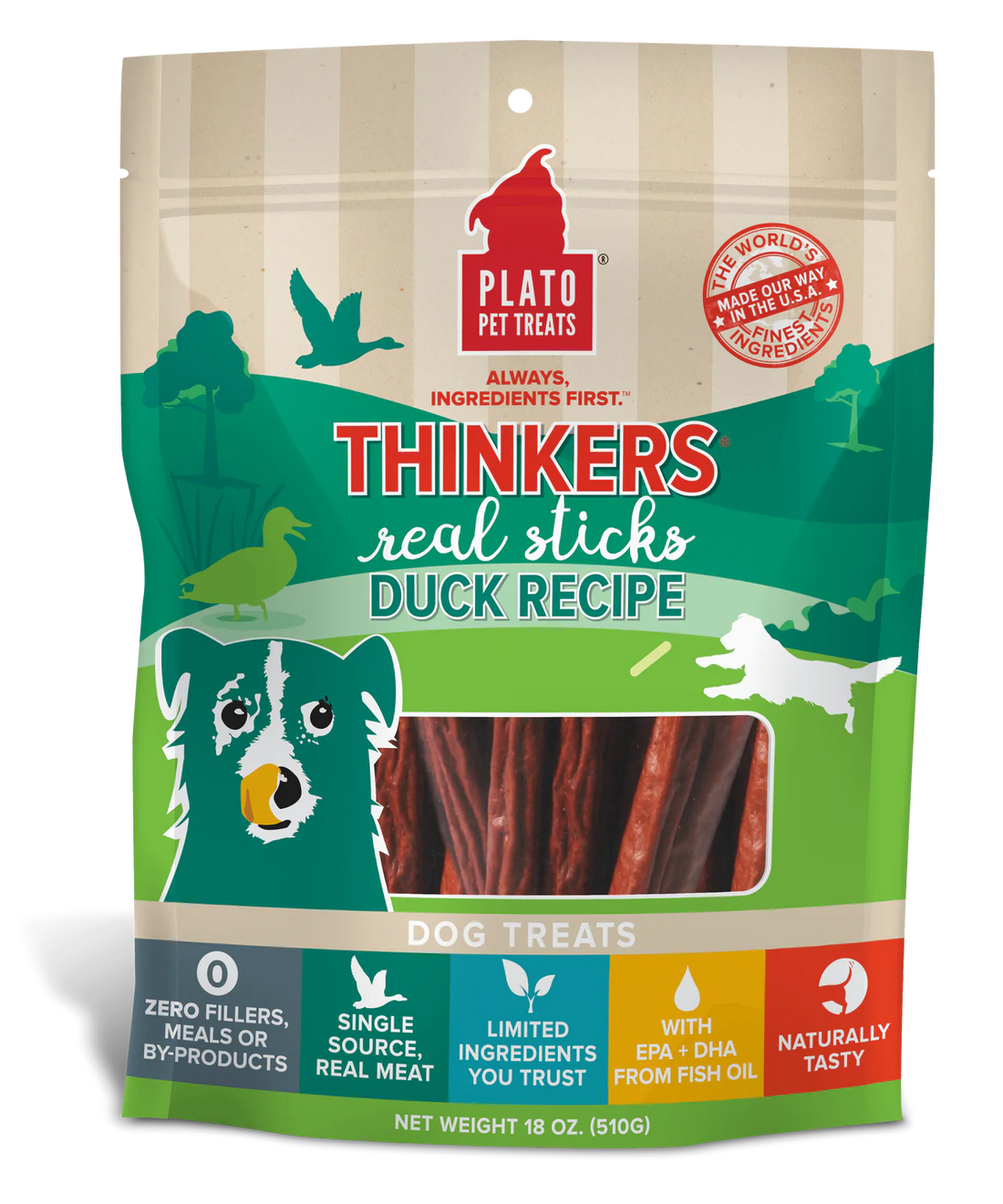 【Plato Pet Treats】Dog Treats - Thinkers Real Strips- Duck Recipe 10 oz & 18 oz