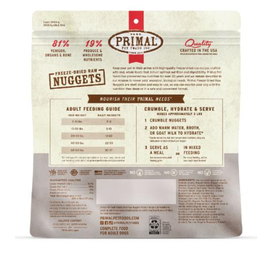 【PRIMAL】Dog - Freeze-Dried Nuggets - Venison - 5.5oz & 14oz