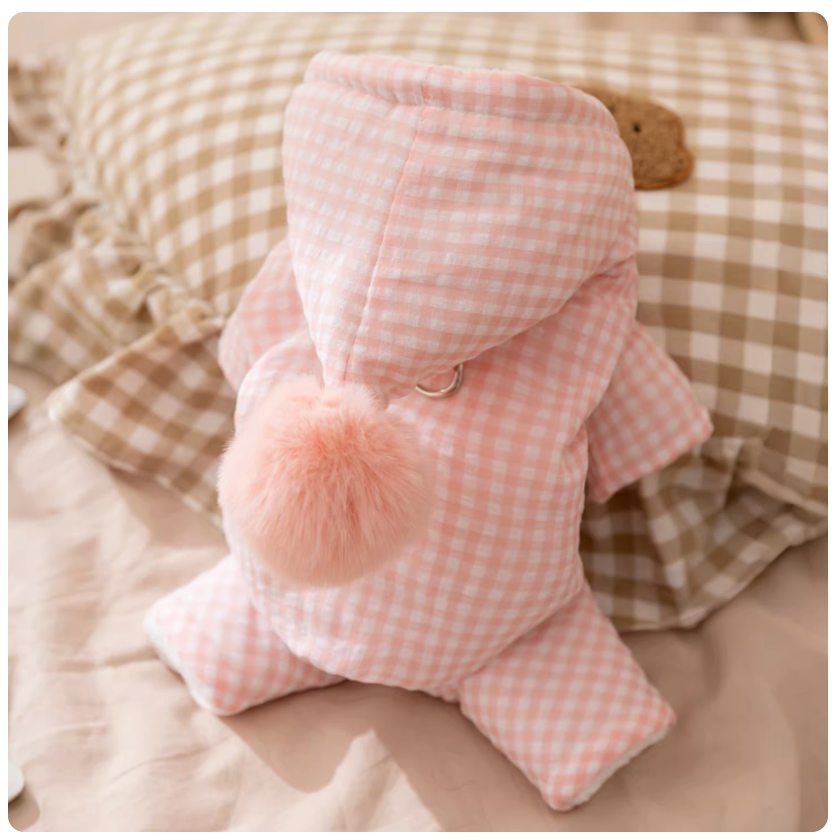 Bubble Gingham Hooded Four-Leg Cotton Coat