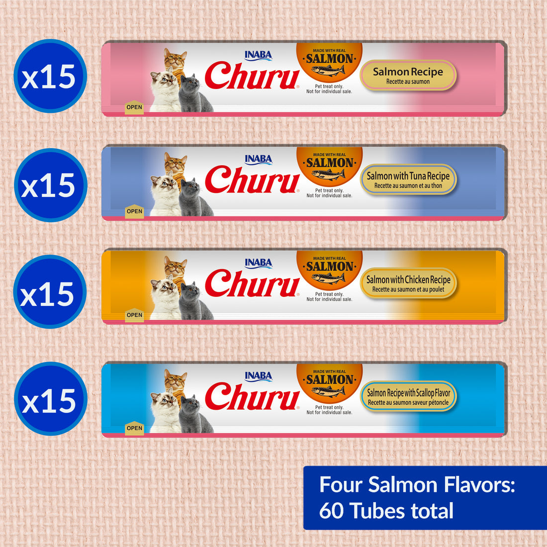 【INABA】Churu Purées Cat Treat - Salmon Variety - 60 Tubes - 30oz / 840g