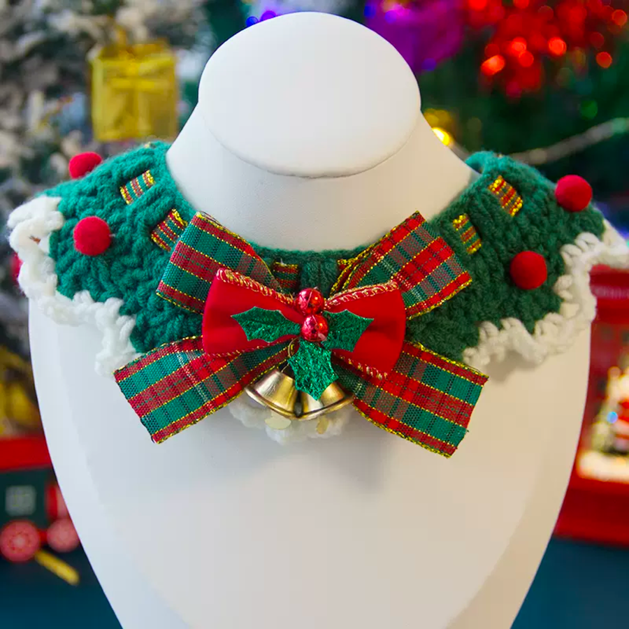手工编织圣诞围脖-绿蝴蝶结款