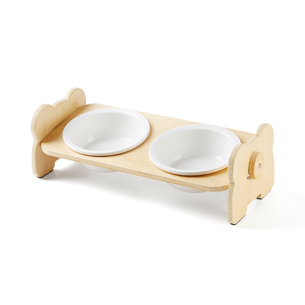 Cute Wood Bear Dinging Table with Two Ceramic Bowls